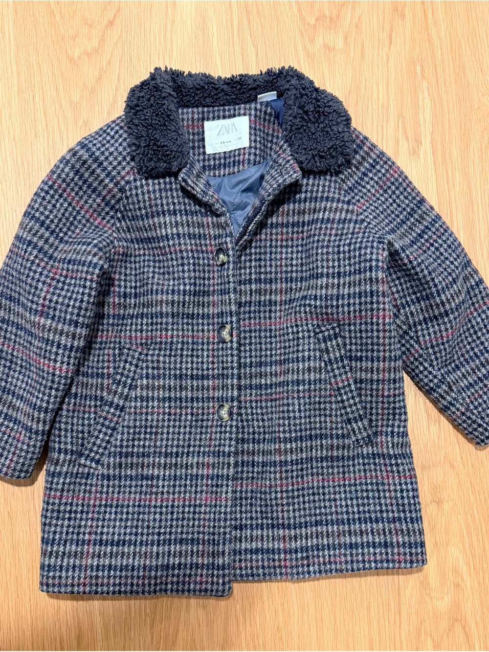 Zara Kids Navy and Red Plaid Coat with Sherpa Collar